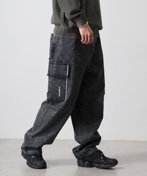 セール】Damage repair denim cargo pants / ダメージリペア デニム