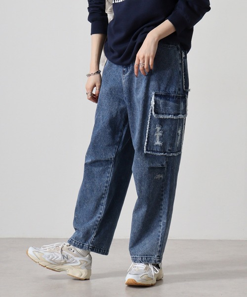 セール】Damage repair denim cargo pants / ダメージリペア デニム