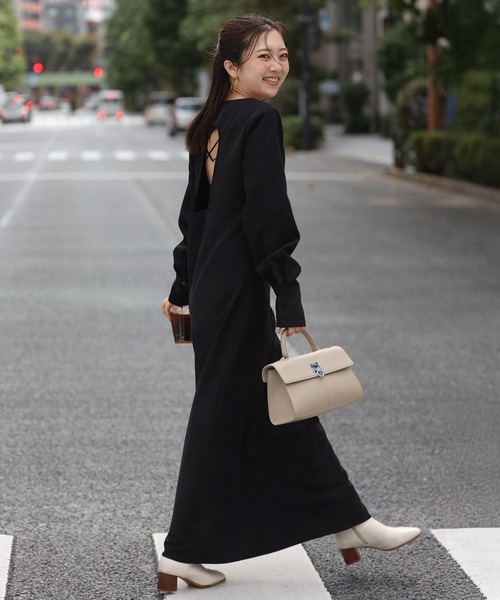 ビアズリー ブラック シャツワンピース 長袖 バックオープン ビッグ