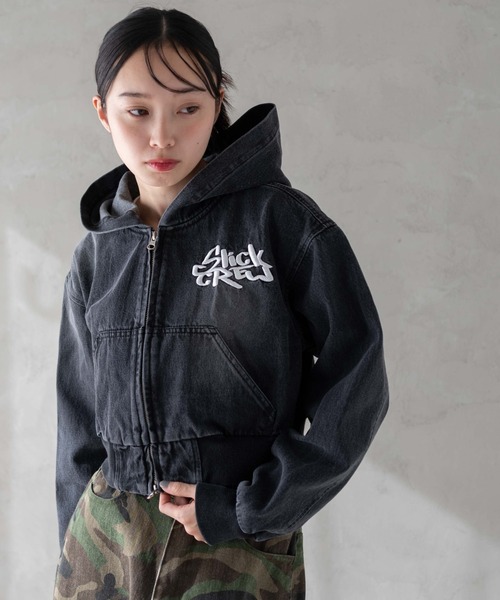 WEGO（ウィゴー）の「WEGO/ヴィンテージウォッシュショートフードブルゾン（デニムジャケット・レディース・ブラック/コバルトブルー/ベージュ・FREE）」の7枚目の写真