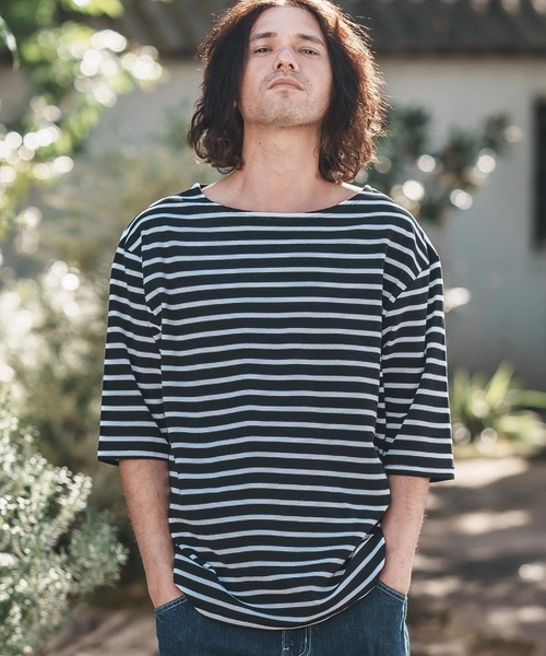 CAMBIO(カンビオ)の「mt9457-Span Fraise Border Narrow Boat Neck Cut sew Tシャツ(Tシャツ/カットソー・メンズ・ブラック×グレー/ブラック×ホワイト/グレー×ホワイト・S/M/L)」の3枚目の写真