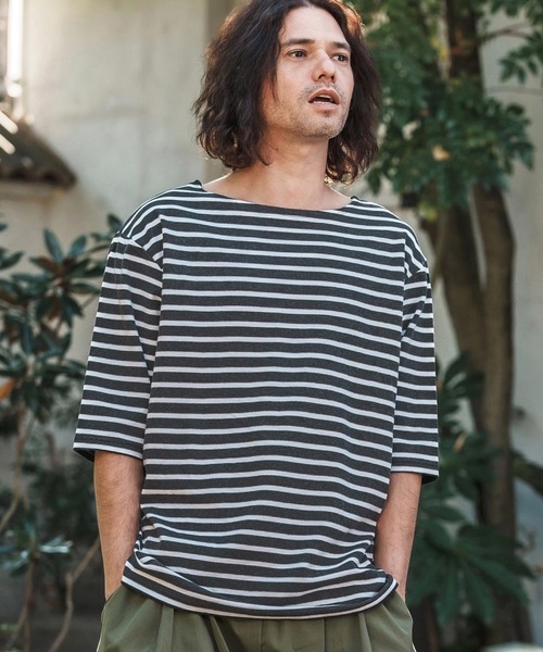 CAMBIO(カンビオ)の「mt9457-Span Fraise Border Narrow Boat Neck Cut sew Tシャツ(Tシャツ/カットソー・メンズ・ブラック×グレー/ブラック×ホワイト/グレー×ホワイト・S/M/L)」の1枚目の写真