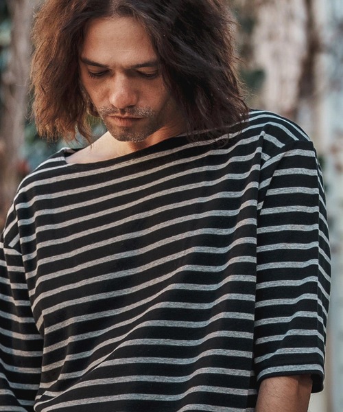 CAMBIO(カンビオ)の「mt9457-Span Fraise Border Narrow Boat Neck Cut sew Tシャツ(Tシャツ/カットソー・メンズ・ブラック×グレー/ブラック×ホワイト/グレー×ホワイト・S/M/L)」の2枚目の写真