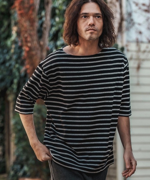 CAMBIO(カンビオ)の「mt9457-Span Fraise Border Narrow Boat Neck Cut sew Tシャツ(Tシャツ/カットソー・メンズ・ブラック×グレー/ブラック×ホワイト/グレー×ホワイト・S/M/L)」の4枚目の写真