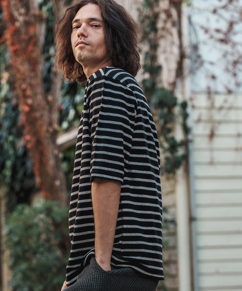 CAMBIO(カンビオ)の「mt9457-Span Fraise Border Narrow Boat Neck Cut sew Tシャツ(Tシャツ/カットソー・メンズ・ブラック×グレー/ブラック×ホワイト/グレー×ホワイト・S/M/L)」の5枚目の写真