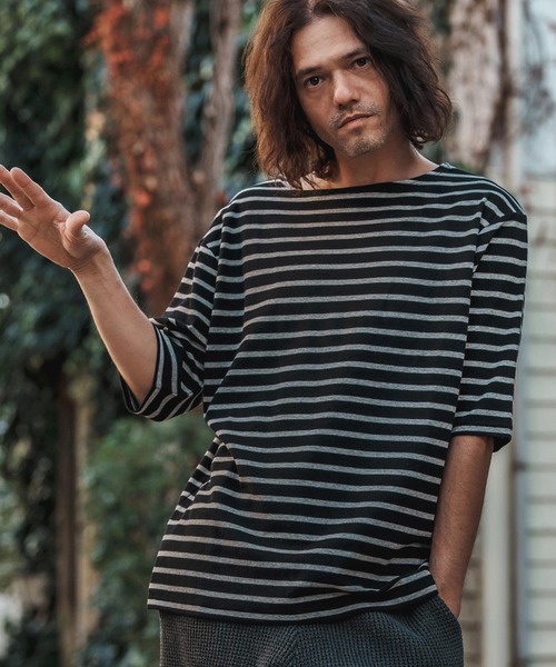 CAMBIO(カンビオ)の「mt9457-Span Fraise Border Narrow Boat Neck Cut sew Tシャツ(Tシャツ/カットソー・メンズ・ブラック×グレー/ブラック×ホワイト/グレー×ホワイト・S/M/L)」の6枚目の写真
