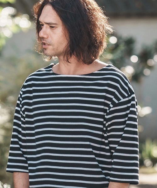 CAMBIO(カンビオ)の「mt9457-Span Fraise Border Narrow Boat Neck Cut sew Tシャツ(Tシャツ/カットソー・メンズ・ブラック×グレー/ブラック×ホワイト/グレー×ホワイト・S/M/L)」の9枚目の写真