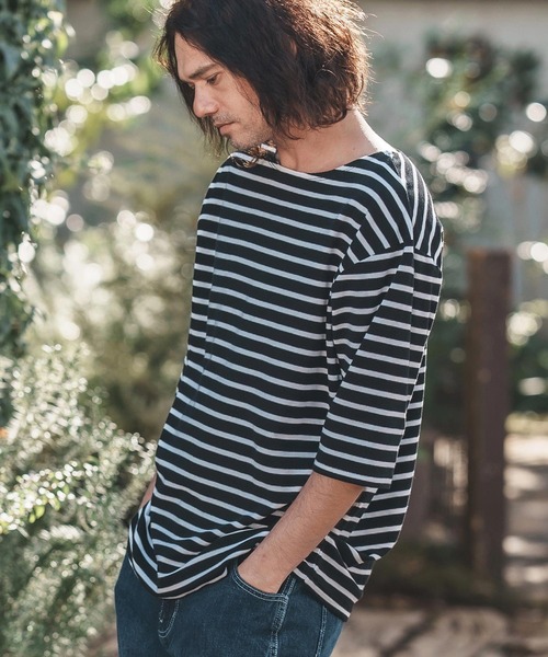 CAMBIO(カンビオ)の「mt9457-Span Fraise Border Narrow Boat Neck Cut sew Tシャツ(Tシャツ/カットソー・メンズ・ブラック×グレー/ブラック×ホワイト/グレー×ホワイト・S/M/L)」の10枚目の写真