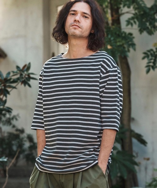 CAMBIO(カンビオ)の「mt9457-Span Fraise Border Narrow Boat Neck Cut sew Tシャツ(Tシャツ/カットソー・メンズ・ブラック×グレー/ブラック×ホワイト/グレー×ホワイト・S/M/L)」の14枚目の写真