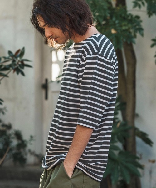 CAMBIO(カンビオ)の「mt9457-Span Fraise Border Narrow Boat Neck Cut sew Tシャツ(Tシャツ/カットソー・メンズ・ブラック×グレー/ブラック×ホワイト/グレー×ホワイト・S/M/L)」の16枚目の写真