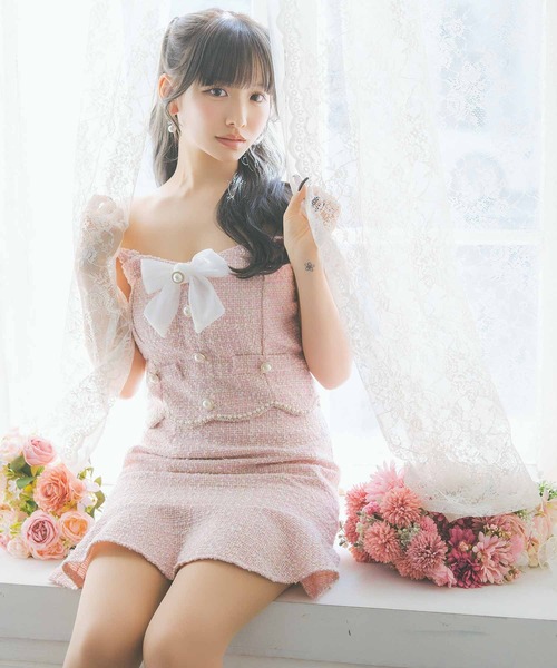 キャバドレス セットアップ ミニ フレア ツイード オフショルダー裾