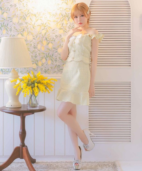 キャバドレス セットアップ ミニ フレア ツイード オフショルダー裾