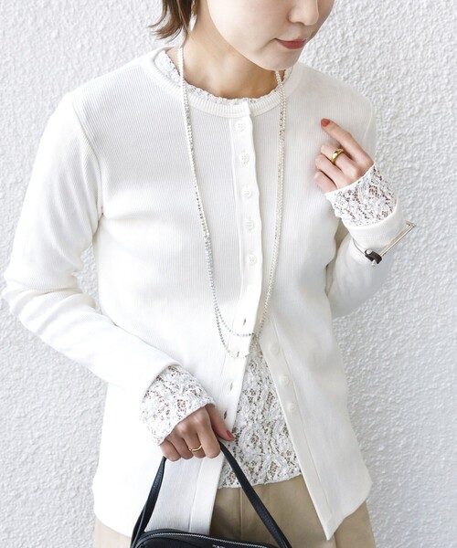 SHIPS（シップス）の「〈洗濯機可能〉ポッシュ テレコ リブ ボタン カーディガン（カーディガン/ボレロ・レディース・ピンク/ネイビー/ホワイト・ONE SIZE）」の11枚目の写真