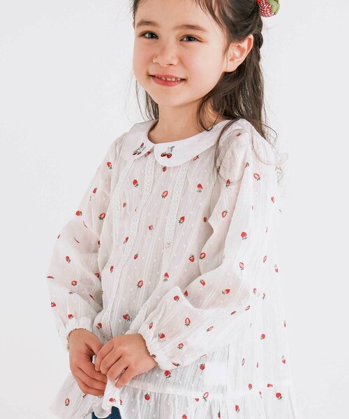 セール】【お揃い】襟付きイチゴ花柄チュニック(80~130cm)（シャツ