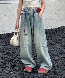 【aimoha-KIDS-】ワイドシルエットキッズデニムパンツ
