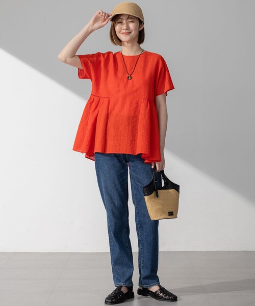 今期【洗える】カラミ ストライプ ペプラム ブラウス セール】【洗える】カラミ ストライプ ペプラム ブラウス