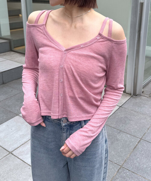 【タグ付き】mline ショルダーアウトデザインTシャツ　レッド セール】[mline]ショルダー アウトデザインTシャツ（Tシャツ