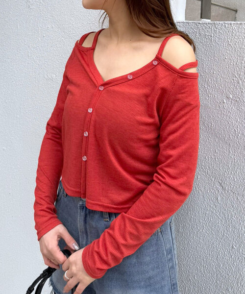 【タグ付き】mline ショルダーアウトデザインTシャツ　レッド セール】[mline]ショルダー アウトデザインTシャツ（Tシャツ
