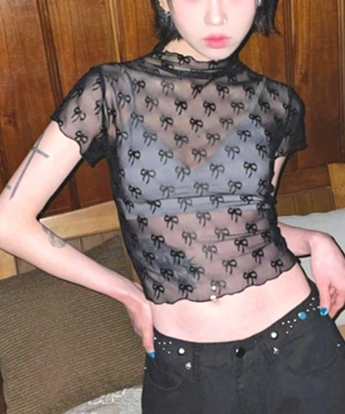 Vipoa（ヴィポア）の「sheer ribbon crop tops（Tシャツ/カットソー・レディース・ホワイト/ブラック・FREE）」の8枚目の写真