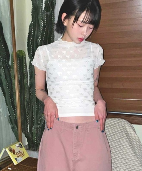 Vipoa（ヴィポア）の「sheer ribbon crop tops（Tシャツ/カットソー・レディース・ホワイト/ブラック・FREE）」の3枚目の写真