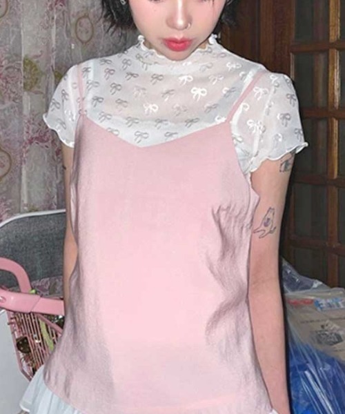 Vipoa（ヴィポア）の「sheer ribbon crop tops（Tシャツ/カットソー・レディース・ホワイト/ブラック・FREE）」の6枚目の写真