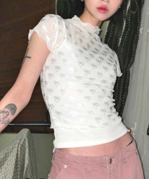 Vipoa（ヴィポア）の「sheer ribbon crop tops（Tシャツ/カットソー・レディース・ホワイト/ブラック・FREE）」の15枚目の写真