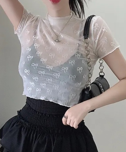 Vipoa（ヴィポア）の「sheer ribbon crop tops（Tシャツ/カットソー・レディース・ホワイト/ブラック・FREE）」の10枚目の写真