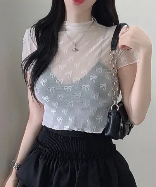 Vipoa（ヴィポア）の「sheer ribbon crop tops（Tシャツ/カットソー・レディース・ホワイト/ブラック・FREE）」の11枚目の写真