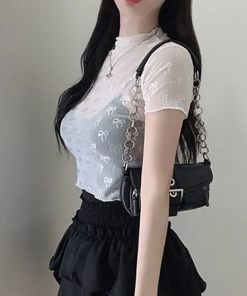 Vipoa（ヴィポア）の「sheer ribbon crop tops（Tシャツ/カットソー・レディース・ホワイト/ブラック・FREE）」の12枚目の写真