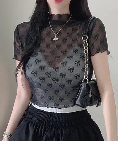 Vipoa（ヴィポア）の「sheer ribbon crop tops（Tシャツ/カットソー・レディース・ホワイト/ブラック・FREE）」の13枚目の写真