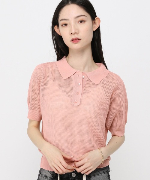 3.3 Field Trip (3.3フィールドトリップ)の「3.3 Field Trip/メッシュポロニット半袖(ニット/セーター・レディース・ピンク/アイボリー/ブラック・FREE)」の1枚目の写真
