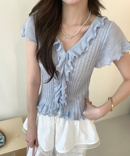 Lace Ladies(レースレディース)の「フロント フリル メロー リブ ニット トップス(ニット/セーター・レディース・グレー/ブルー/ブラック/アイボリー・FREE)」の4枚目の写真