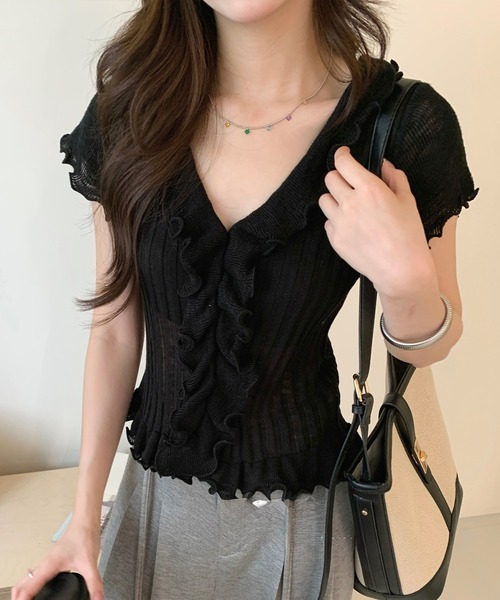 Lace Ladies(レースレディース)の「フロント フリル メロー リブ ニット トップス(ニット/セーター・レディース・グレー/ブルー/ブラック/アイボリー・FREE)」の3枚目の写真