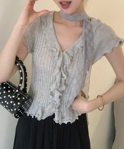 Lace Ladies(レースレディース)の「フロント フリル メロー リブ ニット トップス(ニット/セーター・レディース・グレー/ブルー/ブラック/アイボリー・FREE)」の6枚目の写真