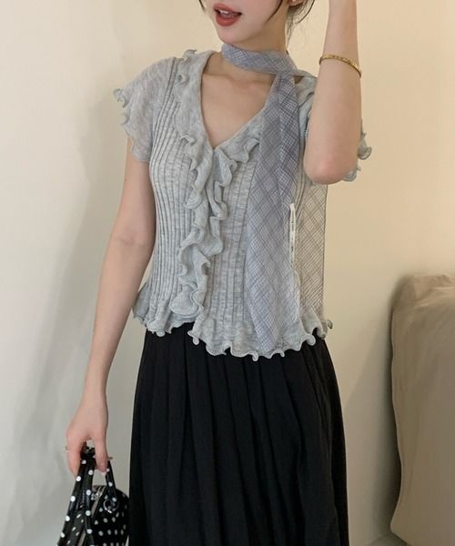 Lace Ladies(レースレディース)の「フロント フリル メロー リブ ニット トップス(ニット/セーター・レディース・グレー/ブルー/ブラック/アイボリー・FREE)」の8枚目の写真