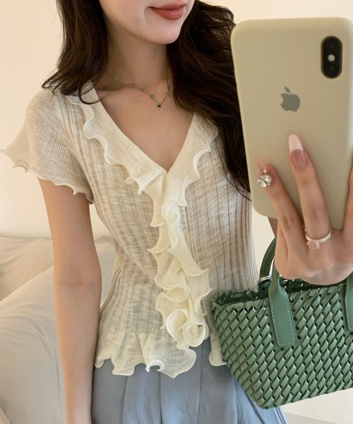 Lace Ladies(レースレディース)の「フロント フリル メロー リブ ニット トップス(ニット/セーター・レディース・グレー/ブルー/ブラック/アイボリー・FREE)」の11枚目の写真