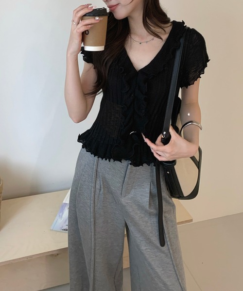 Lace Ladies(レースレディース)の「フロント フリル メロー リブ ニット トップス(ニット/セーター・レディース・グレー/ブルー/ブラック/アイボリー・FREE)」の12枚目の写真