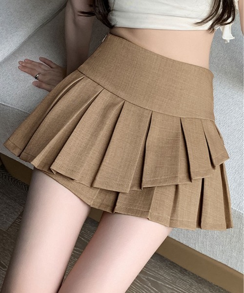 kirakiraShop（キラキラショップ）の「インパン 裏地付き ダブルプリーツ ミニスカート（スカート・レディース・ブラック/ベージュ/チャコール/ホワイト・S/M/L）」の4枚目の写真