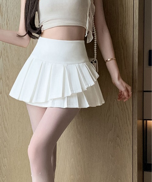 kirakiraShop（キラキラショップ）の「インパン 裏地付き ダブルプリーツ ミニスカート（スカート・レディース・ブラック/ベージュ/チャコール/ホワイト・S/M/L）」の5枚目の写真