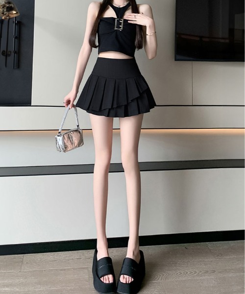 kirakiraShop（キラキラショップ）の「インパン 裏地付き ダブルプリーツ ミニスカート（スカート・レディース・ブラック/ベージュ/チャコール/ホワイト・S/M/L）」の12枚目の写真