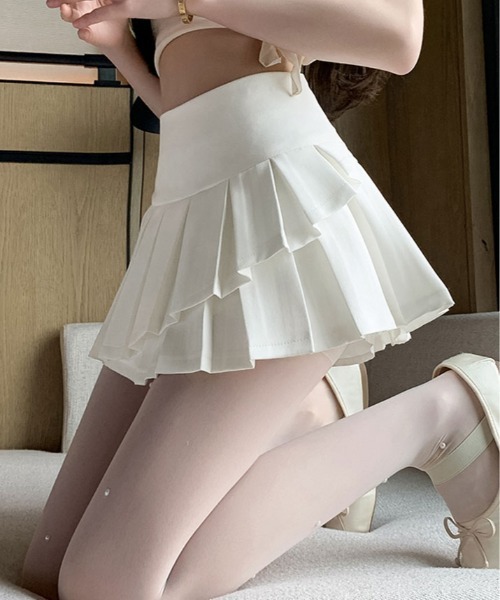 kirakiraShop（キラキラショップ）の「インパン 裏地付き ダブルプリーツ ミニスカート（スカート・レディース・ブラック/ベージュ/チャコール/ホワイト・S/M/L）」の6枚目の写真