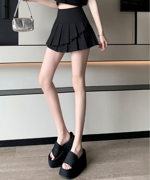 kirakiraShop（キラキラショップ）の「インパン 裏地付き ダブルプリーツ ミニスカート（スカート・レディース・ブラック/ベージュ/チャコール/ホワイト・S/M/L）」の14枚目の写真