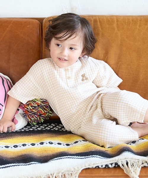 セール】【リンク】くま刺しゅうWガーゼパジャマ(キッズ)（ルーム