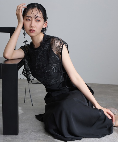 セール】スパンコールレースリボンフレアスカートパーティードレス