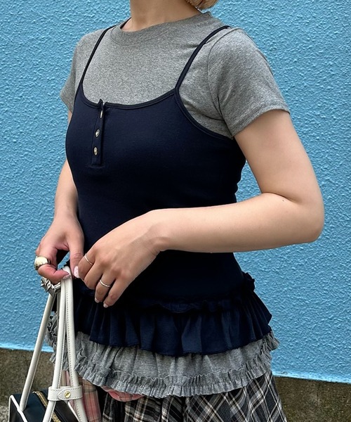 裾フリフリキャミと半袖Tの便利な2セット（Tシャツ/カットソー