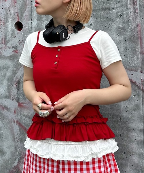 Alley Tokyo（アリートーキョー）の「裾フリフリキャミと半袖Tの便利な２セット（Tシャツ/カットソー・レディース・グレー/レッド/ネイビー・F）」の22枚目の写真