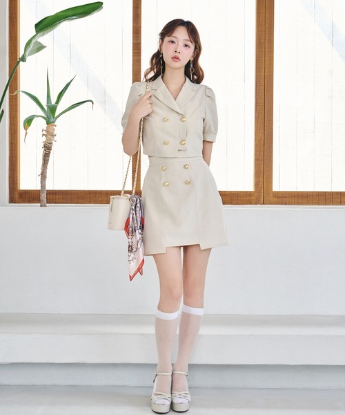 REDYAZEL（レディアゼル）の「【セットアップ可能】レイヤードダブルショートジャケット（テーラードジャケット・レディース・ベージュ/ネイビー/ミント・FREE）」の5枚目の写真