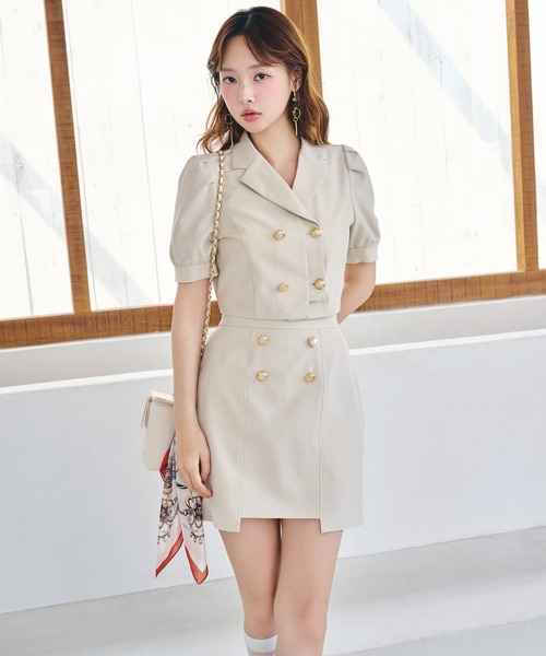 REDYAZEL（レディアゼル）の「【セットアップ可能】レイヤードダブルショートジャケット（テーラードジャケット・レディース・ベージュ/ネイビー/ミント・FREE）」の6枚目の写真