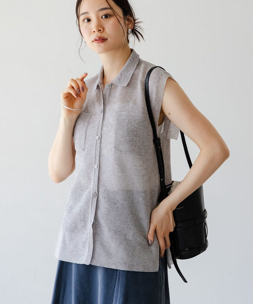 Noble（ノーブル）の「【洗える】スポンジシアーノースリーブシャツニット（ニット/セーター・レディース・ベージュ/ライトグレー/ライトグリーン・FREE）」の8枚目の写真