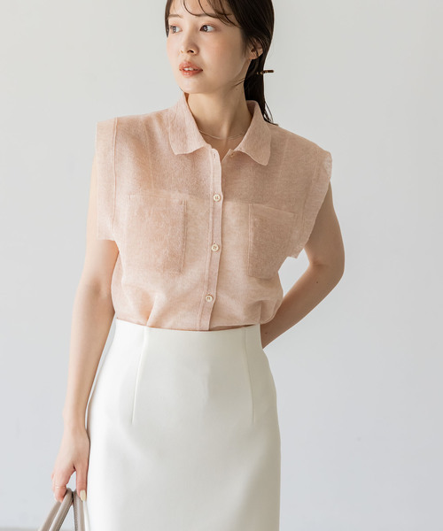 Noble（ノーブル）の「【洗える】スポンジシアーノースリーブシャツニット（ニット/セーター・レディース・ベージュ/ライトグレー/ライトグリーン・FREE）」の18枚目の写真